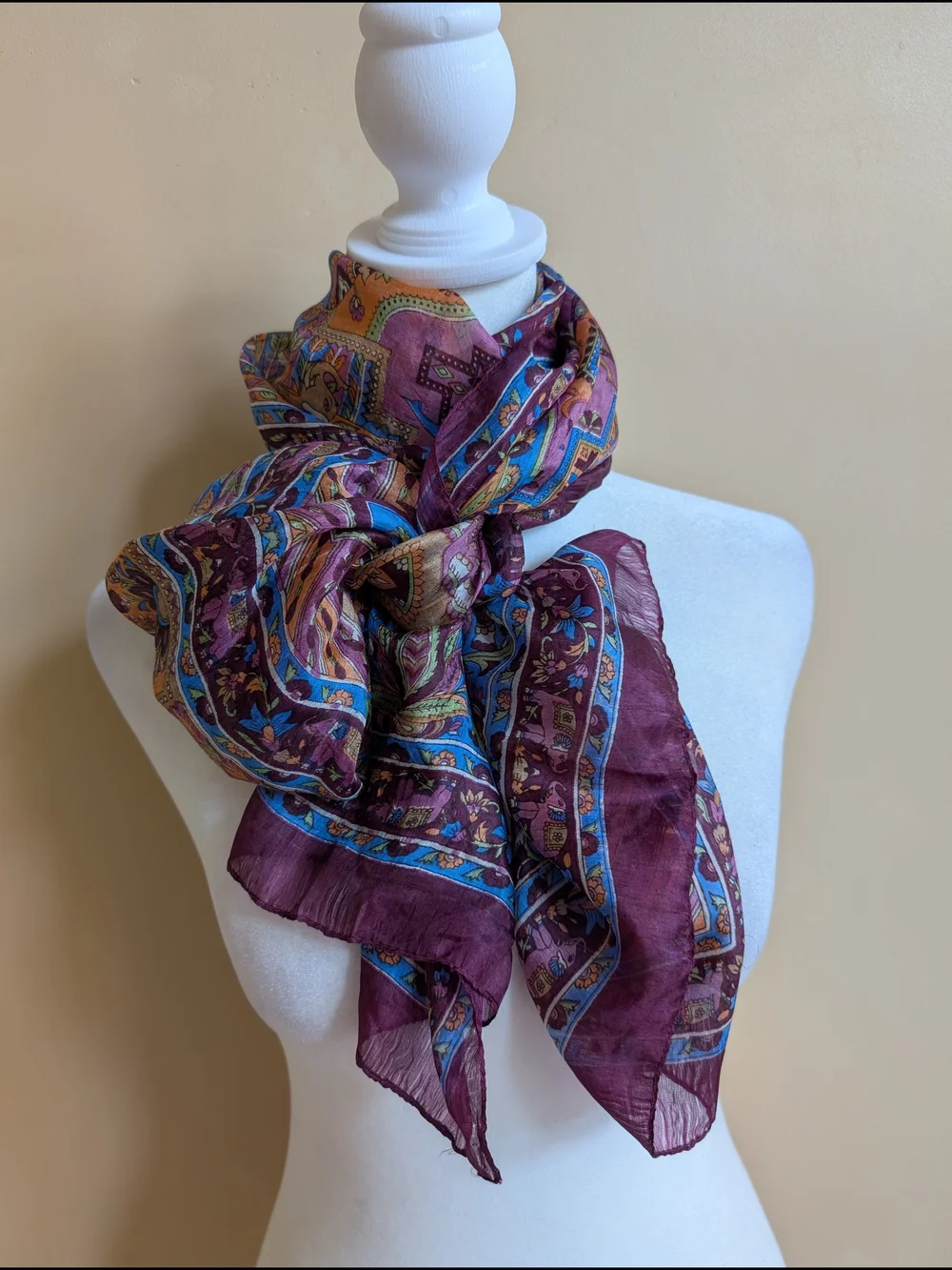 Pure Silk Indian Scarf Elephant Floral Geometric Print